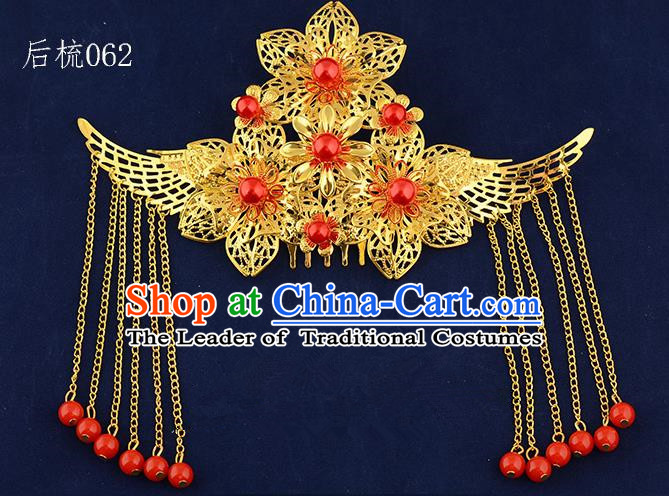 Traditional Handmade Chinese Ancient Classical Hair Accessories Xiuhe Suit Golden Flowers Tassel Hair Comb, Hair Sticks Hair Jewellery Hair Fascinators for Women