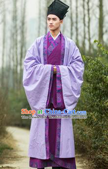 Traditional Chinese Han Dynasty Nobility Childe Hanfu Costume Purple Long Robe, China Ancient Scholar Cloak Clothing for Men