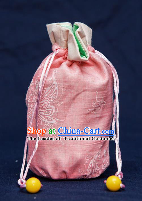 Traditional Handmade Chinese Ancient Young Lady Pouch Pink Handbags, China Hanfu Embroidery Satin Sachet for Women
