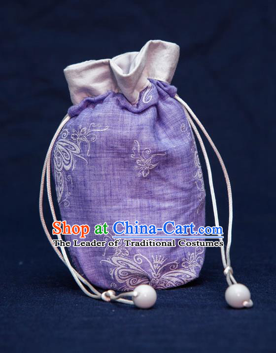 Traditional Handmade Chinese Ancient Young Lady Pouch Purple Handbags, China Hanfu Embroidery Linen Sachet for Women