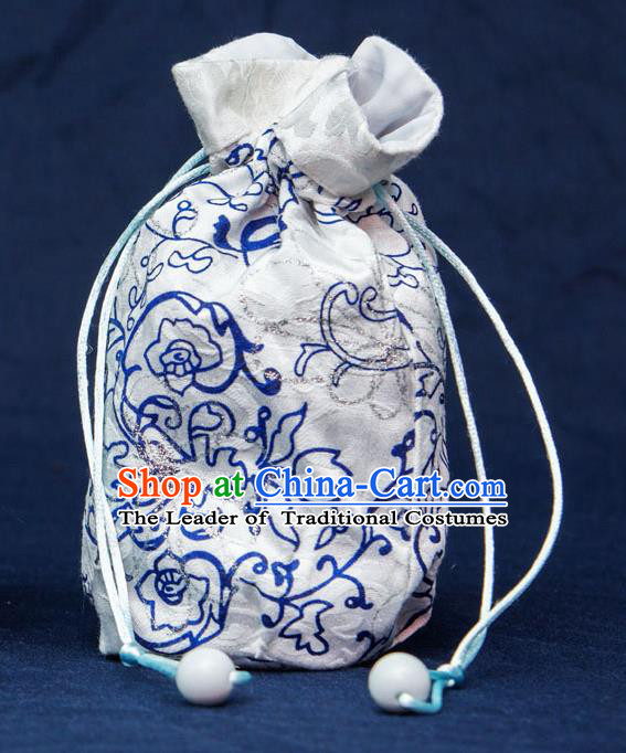 Traditional Handmade Chinese Ancient Young Lady Pouch White Handbags, China Hanfu Embroidery Linen Sachet for Women