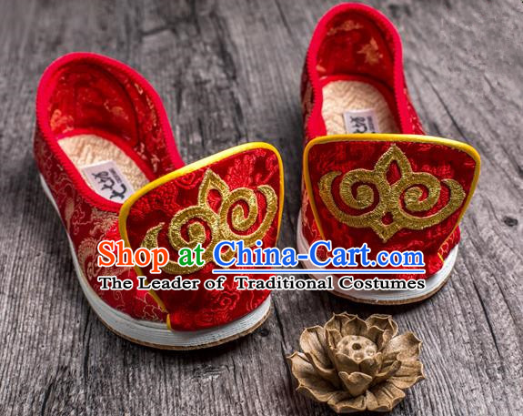 Traditional Chinese Ancient Wedding Cloth Shoes, China Princess Red Satin Shoes Hanfu Handmade Embroidery Become Warped Head Shoe for Women