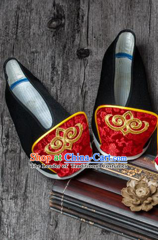 Traditional Chinese Ancient Wedding Cloth Shoes, China Princess Black Satin Shoes Hanfu Handmade Embroidery Become Warped Head Shoe for Women