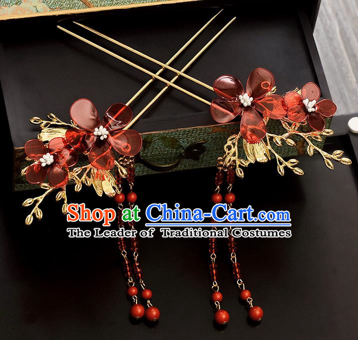 Traditional Handmade Chinese Ancient Classical Hair Accessories Barrettes Hanfu Hairpin Red Flower Tassel Step Shake, Bride Hair Fascinators Hairpins for Women