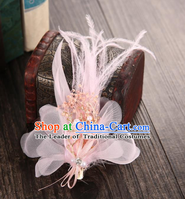 Top Grade Handmade Chinese Classical Hair Accessories Baroque Style Wedding Pink Feather Hair Sticks, Bride Hair Claw Hair Clasp for Women