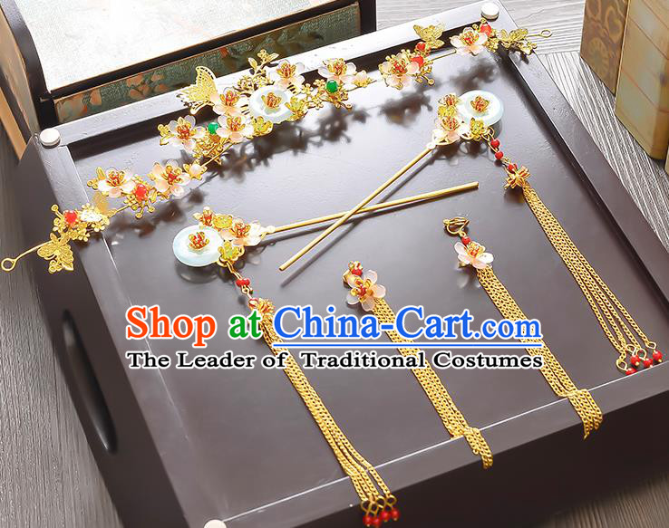 Traditional Handmade Chinese Ancient Classical Hair Accessories Xiuhe Suit Tassel Hairpin Phoenix Coronet Complete Set, Step Shake Hair Sticks Hair Jewellery Hair Fascinators for Women