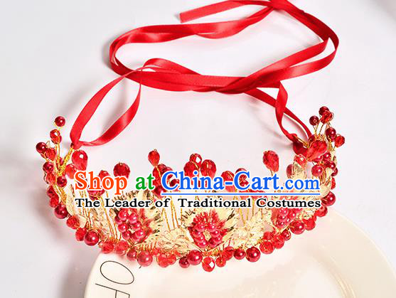 Top Grade Handmade Chinese Classical Hair Accessories Baroque Style Wedding Red Beads Crown Headband Bride Hair Clasp for Women