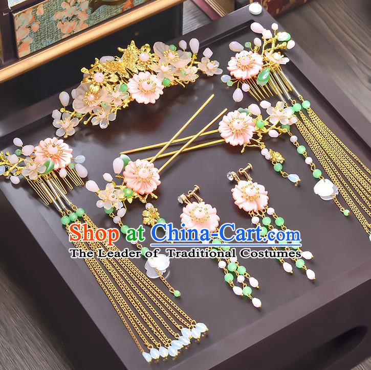 Traditional Handmade Chinese Ancient Wedding Hair Accessories Xiuhe Suit Pink Flowers Hair Comb Complete Set, Bride Hanfu Hairpins Hair Sticks Hair Jewellery for Women