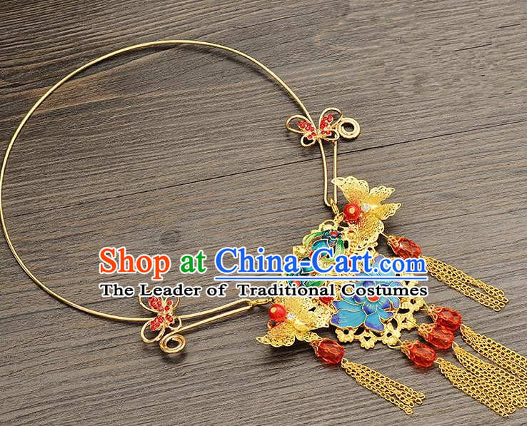 Top Grade Handmade Chinese Classical Jewelry Accessories Xiuhe Suit Wedding Necklace Bride Blueing Lotus Flowers Tassel Necklet for Women