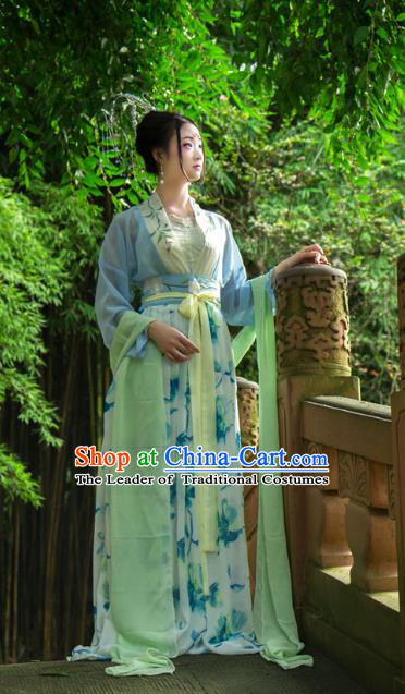 Traditional Chinese Tang Dynasty Imperial Consort Hanfu Printing Blue Costume, China Ancient Slip Dress Palace Princess Peri Clothing for Women