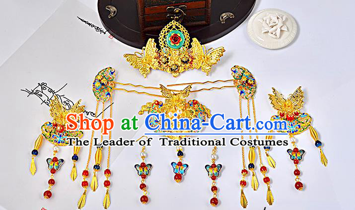 Traditional Handmade Chinese Ancient Wedding Hair Accessories Xiuhe Suit Cloisonn Butterfly Phoenix Coronet Complete Set, Bride Hanfu Hair Sticks Hair Jewellery for Women