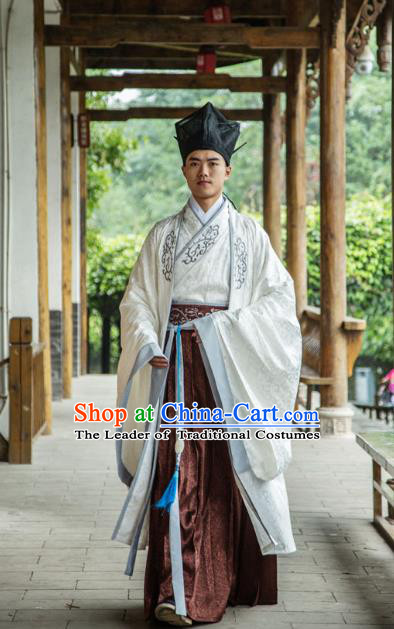 Traditional Chinese Han Dynasty Nobility Childe Hanfu Cloak Long Robe Costume, China Ancient Scholar Embroidery Brown Clothing for Men