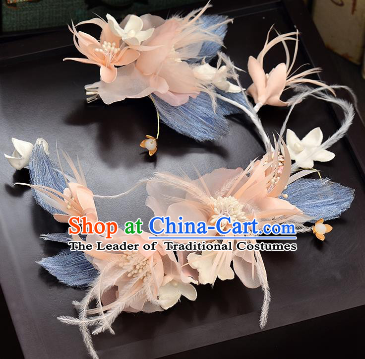 Top Grade Handmade Chinese Classical Hair Accessories Baroque Style Wedding Blue Feather Hair Clasp Headband Bride Headwear for Women