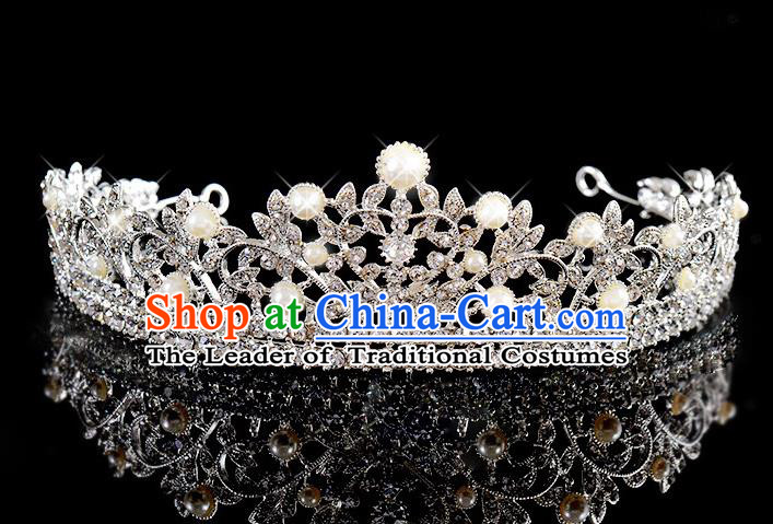 Top Grade Handmade Chinese Classical Hair Accessories Baroque Style Wedding Crystal Pearls Royal Crown, Bride Princess Hair Kether Jewellery Hair Clasp for Women