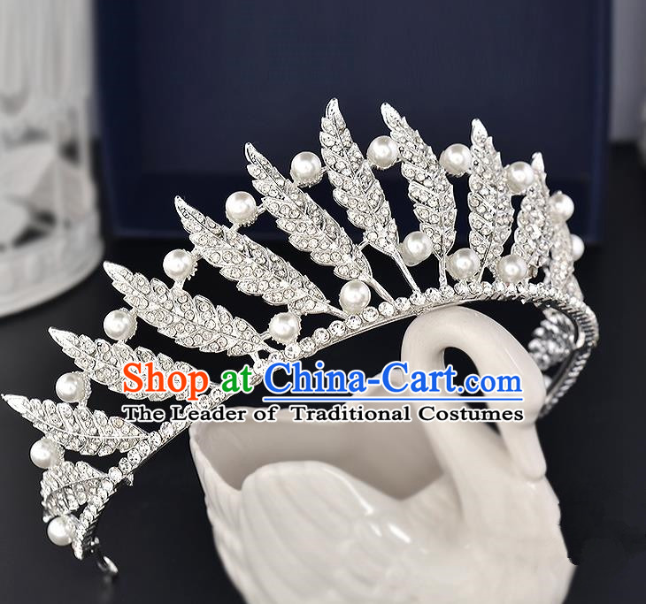 Top Grade Handmade Hair Accessories Baroque Style Wedding Crystal Leaf White Pearls Royal Crown, Bride Princess Hair Kether Jewellery Hair Clasp for Women