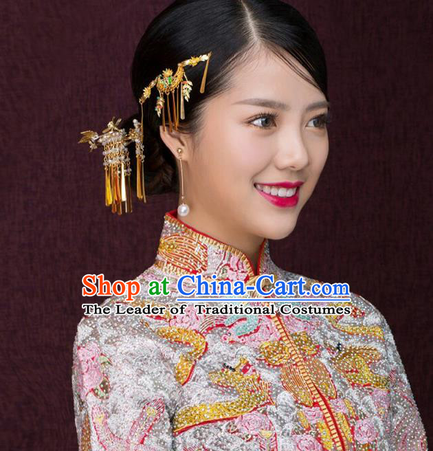 Traditional Handmade Chinese Ancient Wedding Hair Accessories Xiuhe Suit Beads Tassel Step Shake Complete Set, Bride Hanfu Hair Sticks Hair Jewellery for Women