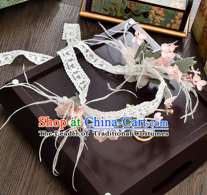 Top Grade Handmade Chinese Classical Hair Accessories Princess Wedding Pink Flower Lace Hair Clasp Hair Stick Headband Bride Headwear for Women