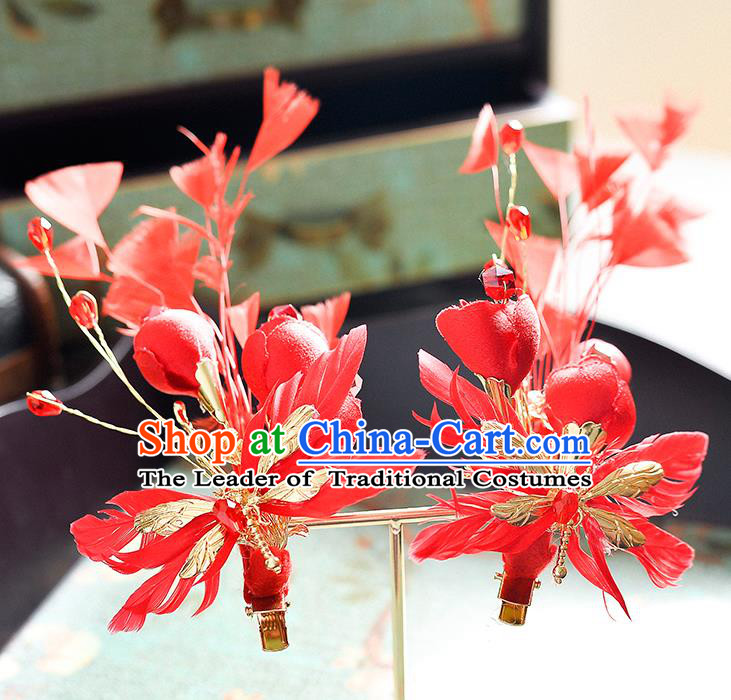 Top Grade Handmade Chinese Classical Hair Accessories Princess Wedding Red Feather Hair Claw Hair Stick Bride Headwear for Women