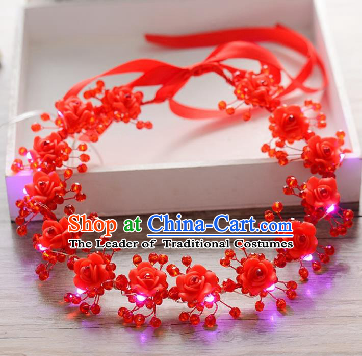 Top Grade Handmade Chinese Classical Hair Accessories Princess Wedding Polymer Clay Red Flowers Shiny Hair Clasp Headband Bride Headwear for Women