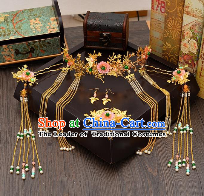 Traditional Handmade Chinese Ancient Wedding Hair Accessories Xiuhe Suit Pink Flowers Forehead Ornament Complete Set, Bride Tassel Step Shake Hanfu Hair Fascinators for Women