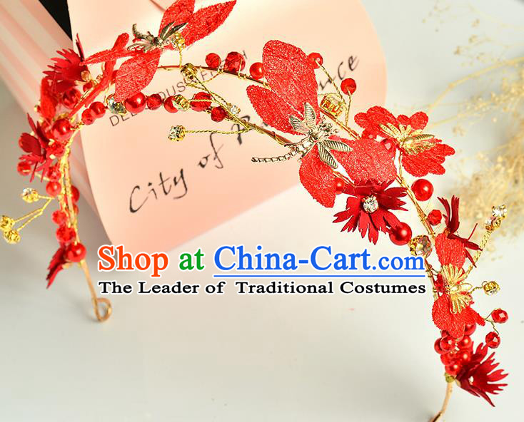 Top Grade Handmade Chinese Classical Hair Accessories Princess Wedding Red Flowers Dragonfly Hair Clasp Headband Bride Headwear for Women