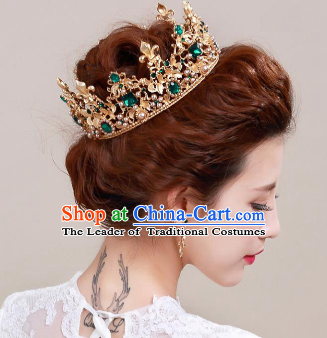 Top Grade Handmade Hair Accessories Baroque Style Palace Princess Wedding Green Crystal Vintage Golden Royal Crown, Bride Hair Kether Jewellery Imperial Crown for Women