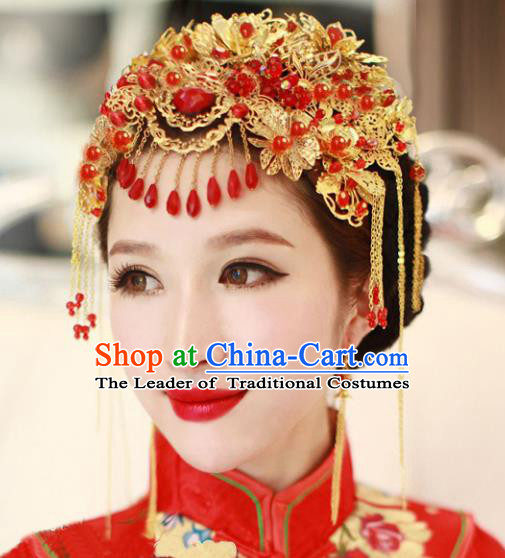 Traditional Handmade Chinese Ancient Wedding Hair Accessories Xiuhe Suit Tassel Phoenix Coronet, Bride Step Shake Hanfu Hair Fascinators for Women