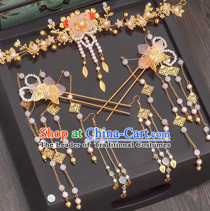 Traditional Handmade Chinese Ancient Wedding Hair Accessories Xiuhe Suit Hairpins Complete Set, Bride Tassel Step Shake Hanfu Hair Sticks Hair Comb for Women