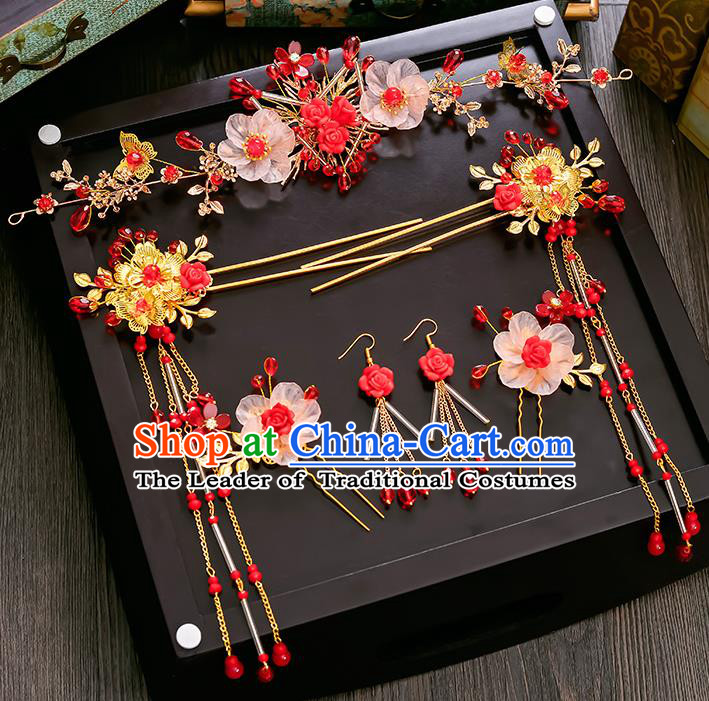 Traditional Handmade Chinese Ancient Wedding Hair Accessories Xiuhe Suit Red Beads Hairpins Complete Set, Bride Tassel Step Shake Hanfu Hair Sticks Hair Comb for Women