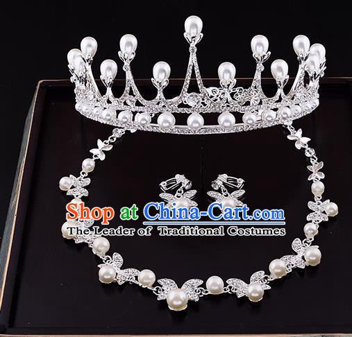 Top Grade Handmade Chinese Classical Jewelry Accessories Queen Wedding Pearls Royal Crown Necklace and Earrings Bride Headgear for Women