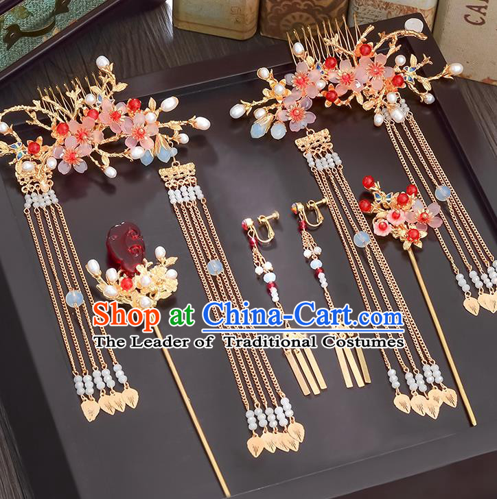 Traditional Handmade Chinese Ancient Wedding Hair Accessories Xiuhe Suit Phoenix Coronet Complete Set, Bride Tassel Step Shake Hanfu Hairpins Hair Sticks Hair Jewellery for Women