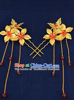 Traditional Handmade Chinese Ancient Wedding Hair Accessories Xiuhe Suit Golden Flower Hairpins, Bride Tassel Step Shake Hanfu Hair Sticks Hair Fascinators for Women
