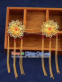 Traditional Handmade Chinese Ancient Wedding Hair Accessories Xiuhe Suit Golden Hairpins, Bride Tassel Step Shake Hanfu Hair Sticks Hair Fascinators for Women