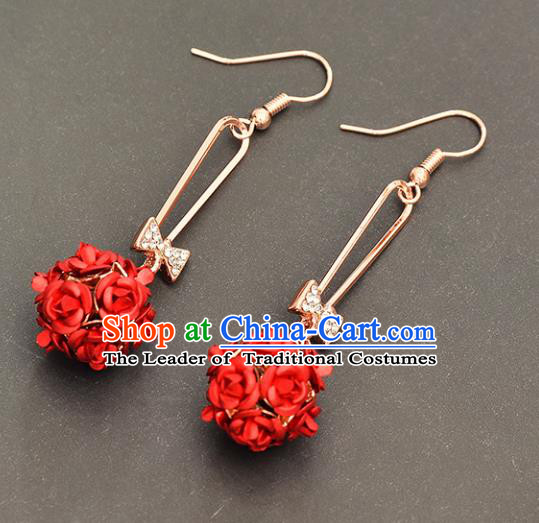 Top Grade Handmade Chinese Classical Jewelry Accessories Xiuhe Suit Wedding Red Rose Flower Tassel Earrings Bride Hanfu Eardrop for Women