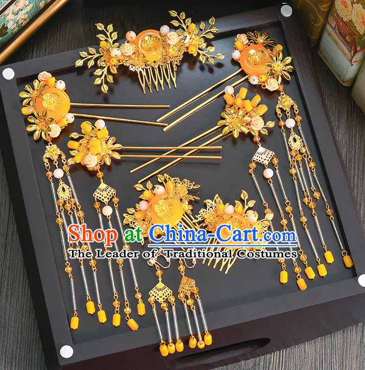 Traditional Handmade Chinese Ancient Wedding Hair Accessories Xiuhe Suit Phoenix Coronet Complete Set, Bride Palace Lady Step Shake Hanfu Yellow Jade Hairpins for Women