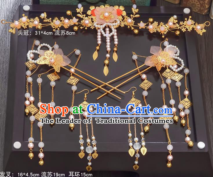 Traditional Handmade Chinese Ancient Wedding Hair Accessories Xiuhe Suit Butterfly Pearls Coronet Complete Set, Bride Palace Lady Step Shake Hanfu Hairpins for Women
