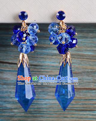 Top Grade Handmade Chinese Classical Jewelry Accessories Wedding Blue Crystal Tassel Earrings Bride Hanfu Eardrop for Women