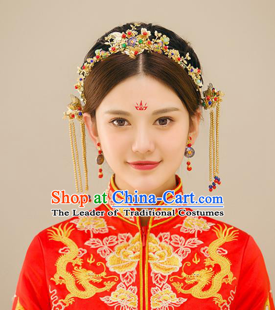 Traditional Handmade Chinese Ancient Wedding Hair Accessories Xiuhe Suit Butterfly Hair Clasp Complete Set, Bride Palace Lady Step Shake Hanfu Hairpins for Women