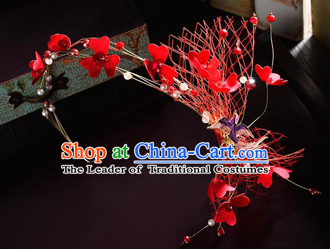 Top Grade Handmade Chinese Classical Hair Accessories Princess Wedding Baroque Red Silk Flowers Veil Hair Clasp Bride Headband Headwear for Women