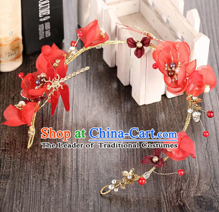 Top Grade Handmade Chinese Classical Hair Accessories Princess Wedding Baroque Red Flowers Hair Clasp Bride Dragonfly Headband for Women