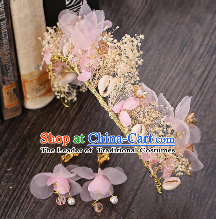 Top Grade Handmade Hair Accessories Baroque Style Palace Princess Wedding Pink Silk Flowers Vintage Royal Crown and Earrings, Bride Hair Kether Jewellery Imperial Crown for Women