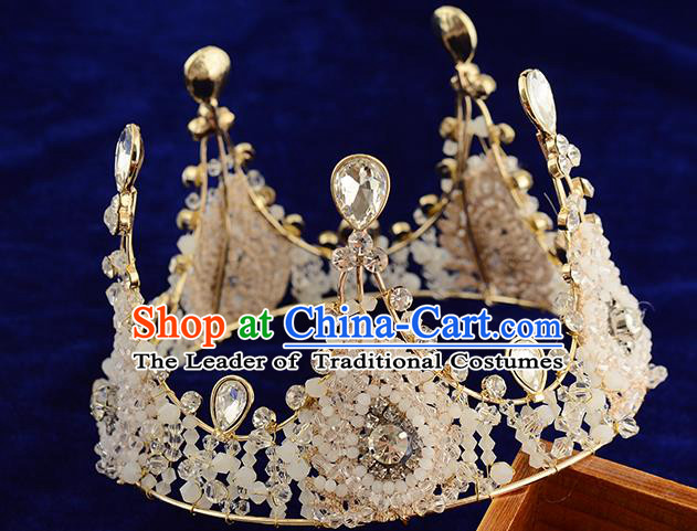Top Grade Handmade Hair Accessories Baroque Queen Crystal Beads Round Royal Crown, Bride Wedding Hair Kether Jewellery Imperial Crown for Women