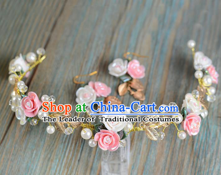 Top Grade Handmade Chinese Classical Hair Accessories Princess Wedding Baroque Ceramics Flower Garland Hair Clasp Bride Headband Headwear and Earrings for Women