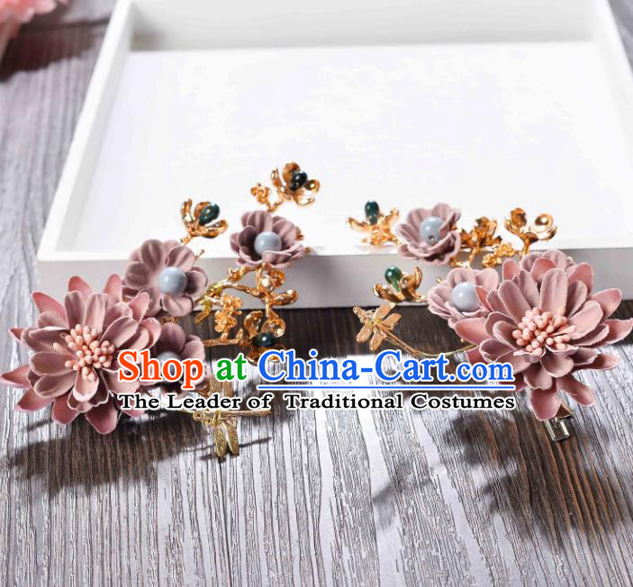 Top Grade Handmade Chinese Classical Hair Accessories Princess Wedding Baroque Headwear Pink Flowers Headband Hair Stick for Women