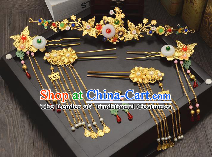 Traditional Handmade Chinese Wedding Xiuhe Suit Bride Hair Accessories Golden Tassel Phoenix Coronet Complete Set, Step Shake Hanfu Hairpins for Women