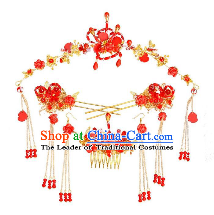 Traditional Handmade Chinese Wedding Xiuhe Suit Bride Hair Accessories Red Beads Phoenix Coronet Complete Set, Tassel Step Shake Hanfu Hairpins for Women