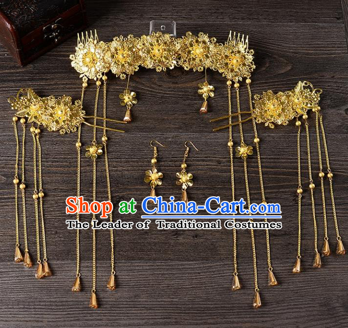 Traditional Handmade Chinese Wedding Xiuhe Suit Bride Hair Accessories Complete Set, Tassel Phoenix Coronet Step Shake Hanfu Hairpins for Women