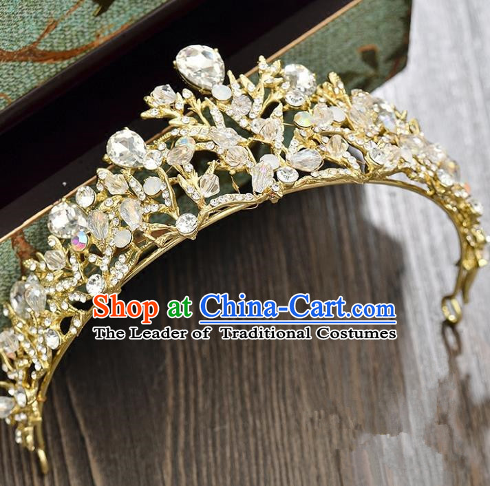 Top Grade Handmade Hair Accessories Baroque Golden Imperial Crown, Bride Wedding Hair Jewellery Princess Crystal Crown for Women