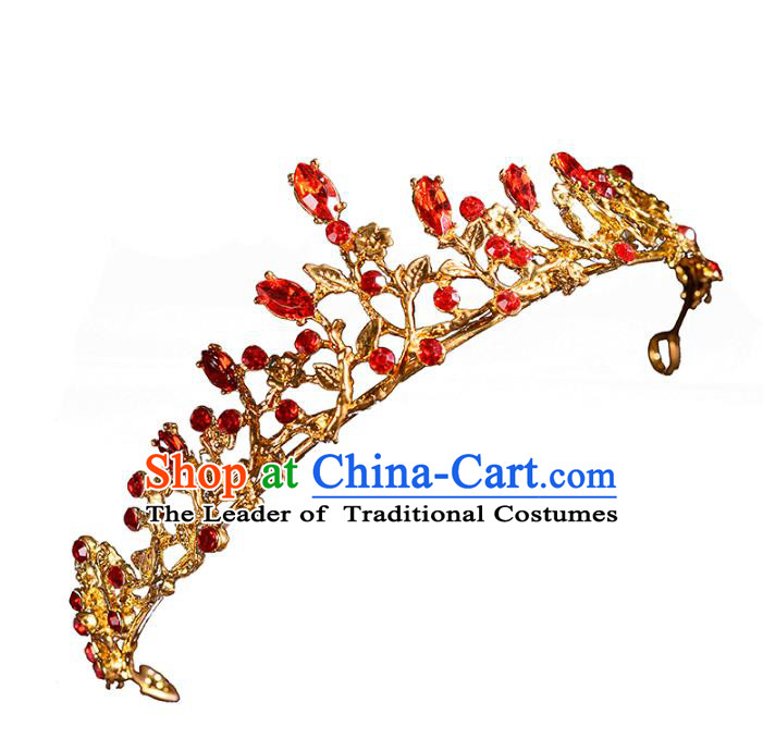 Top Grade Handmade Hair Accessories Baroque Red Rhinestone Imperial Crown, Bride Wedding Hair Jewellery Princess Crystal Golden Crown for Women