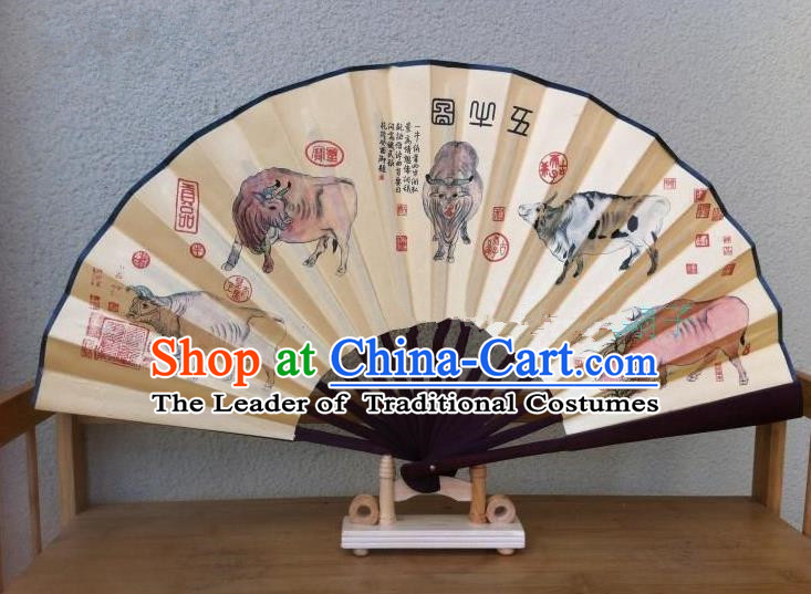 Traditional Chinese Crafts Silk Folding Fan China Sensu Ink Painting Five Oxen Accordion Fan for Men